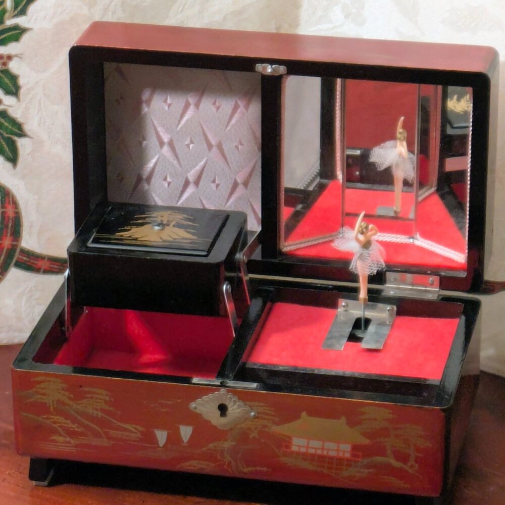 Vintage Japanese Musical Jewelry Box with Dancing Ballerina & Mirrors